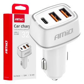 Nabíjačka do auta 2x USB-A + USB-C 32W 12/24V AMiO-03890